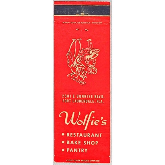Front Strike Matchbook Cover Wolfie’s Restaurant Fort Lauderdale FL Florida - Picture 1 of 5